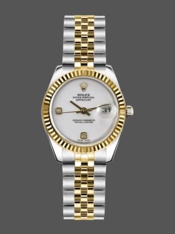 Replica Rolex Datejust 179173 for women, white dial, diamonds, fluted bezel, 26 mm