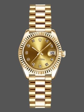 Replica Rolex Datejust 179178 for women, champagne diamond dial, 26mm yellow gold