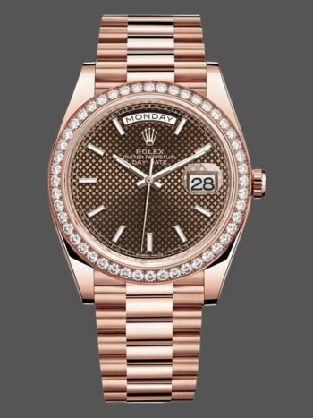 Replica Rolex Day-Date 228345RBR men's watch, chocolate brown dial with diagonal motif and 40mm diamond bezel