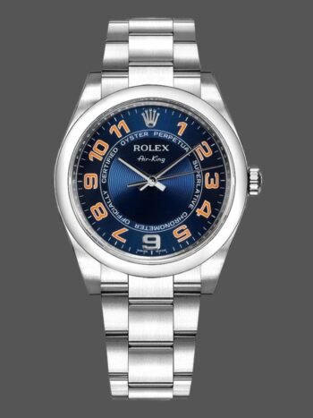 Replica of the unisex Rolex Oyster Perpetual Air-King 114200 Concentric Blue Dial 34 mm watch