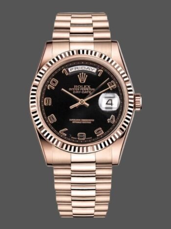 Rolex Day-Date Replica 118235, Rose Gold, Arabic Black Dial, 36mm, Unisex
