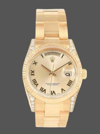 Replica Rolex Day-Date 118338 unisex yellow gold watch, champagne dial, Roman numerals, 36 mm