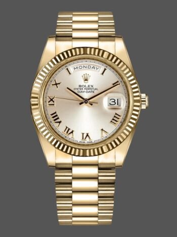 Replica Rolex Day-Date 218238 Men's Silver Dial with Roman Numerals, Yellow Gold, 41mm