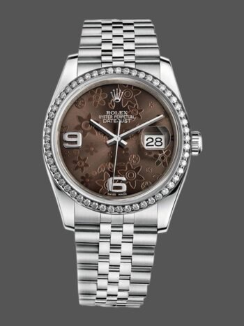 Replica of the unisex stainless steel Rolex Datejust 116244 with 36 mm chocolate floral dial