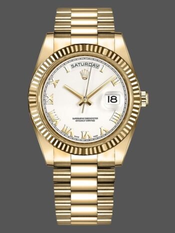 Replica Rolex Day-Date 218238 for men, white dial with Roman numerals, yellow gold, 41 mm