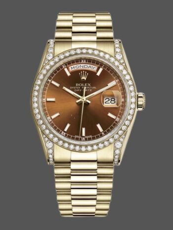 Replica Rolex Day-Date 118388 unisex watch with diamond bezel and 36mm chocolate brown dial