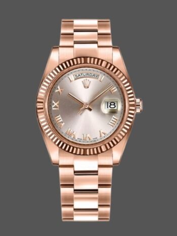 Rolex Day-Date 118235 Women's Watch Replica Pink Dial with Roman Numerals, Fluted Bezel, 36mm