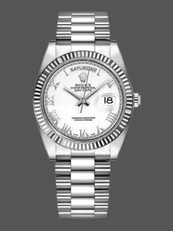 Rolex Day-Date 118239 replica, white dial, Roman numerals, 36 mm, unisex