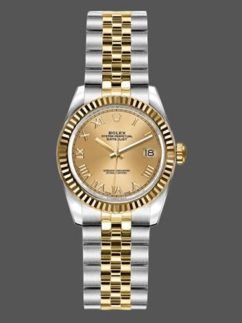 Replica of the Rolex Datejust 179173 for women, dial with Roman numerals in champagne color, 26 mm