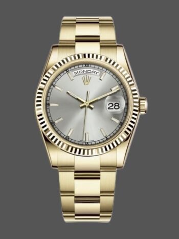 Replica Rolex Day-Date 118238 unisex watch, yellow gold, silver dial, fluted bezel, 36 mm
