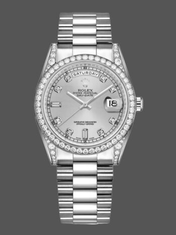 Replica Rolex Day-Date 118389 unisex watch, white gold, silver, diamond dial, 36 mm