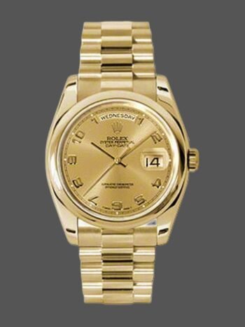Rolex Day-Date 118208 Replica Watch Champagne Dial Arabic Numerals Hour Markers Yellow Gold 36mm Unisex.