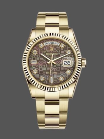 Replica Rolex Day-Date 118238 unisex watch with black mother-of-pearl dial and 36mm diamonds