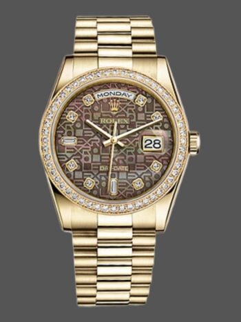 Replica Rolex Day Date 118348 Unisex Watch, Black Mother of Pearl Dial, Yellow Gold, 36mm
