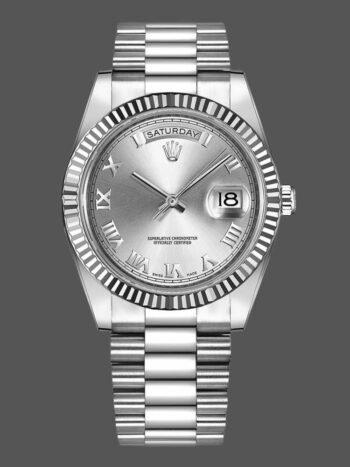Replica Rolex Day-Date 218239 for men, silver dial with Roman numerals, white gold, 41 mm