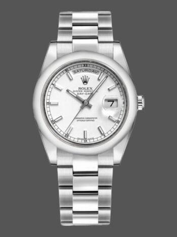Replica of the unisex Rolex Day-Date 118209 watch with white gold Oyster bracelet and 36 mm white dial
