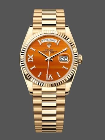 Replica Rolex Day-Date 128238 unisex watch with fluted bezel and 36mm carnelian dial