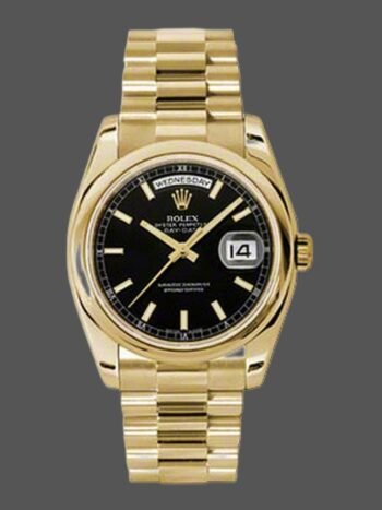 Rolex Day-Date 118208 replica watch, black dial, automatic, yellow gold, 36 mm, unisex
