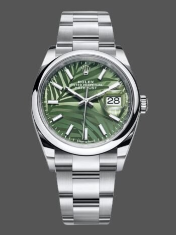 Replica Rolex Datejust 126200 unisex stainless steel watch, olive green palm tree dial, 36 mm