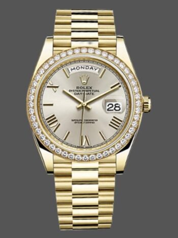 Replica Rolex Day-Date 228348RBR men's watch, silver dial with Roman numerals and 40mm diamond bezel