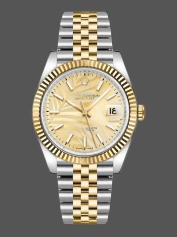 Replica Rolex Datejust 126233 unisex watch with gold palm tree dial and 36mm fluted bezel