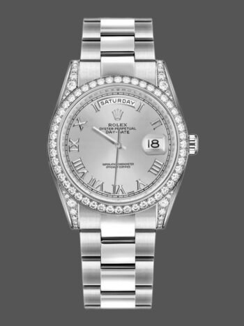 Rolex Day-Date 118389 replica, silver dial with Roman numerals, 36 mm, unisex