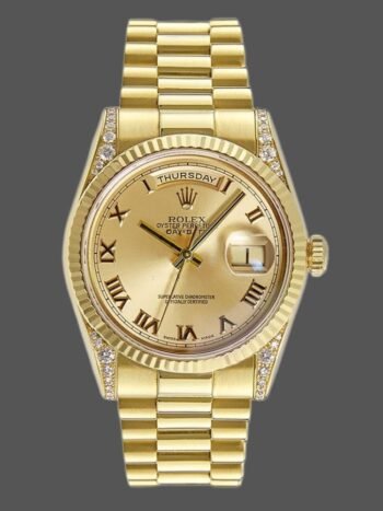 Rolex Day-Date 118338 replica, champagne dial, Roman numerals, 36 mm, unisex