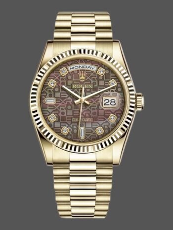 Replica Rolex Day-Date 118238 unisex watch with black mother-of-pearl dial and 36mm diamonds