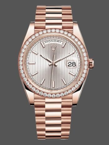 Replica Rolex Day-Date 228345RBR men's watch, Sundust striped dial and 40mm diamond bezel