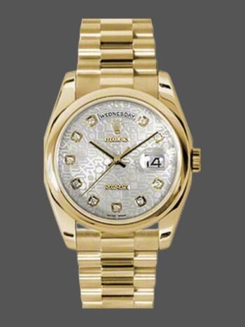 Replica Rolex Day-Date 118208 watch, unisex, with silver dial and Jubilee diamonds, 36 mm yellow gold