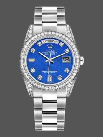 Replica Rolex Day-Date 118389 unisex watch with diamond bezel and 36mm blue dial