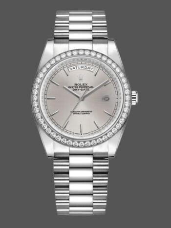 Replica unisex Rolex Day-Date 128349RBR watch with silver dial, indexes and 36mm diamond bezel