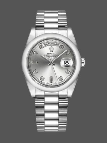 Replica Rolex Day-Date 118206 watch, unisex, platinum, with silver dial and diamonds, 36 mm