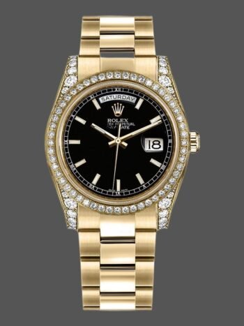 Replica Rolex Day-Date 118388 unisex watch, yellow gold, black dial with indexes, 36 mm