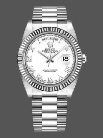 Replica Rolex Day-Date 218239 for men, white dial with Roman numerals, white gold, 41 mm