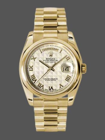 Rolex Day-Date 118208 Replica Yellow Gold Roman Numerals Ivory Pyramid Dial 36mm Unisex