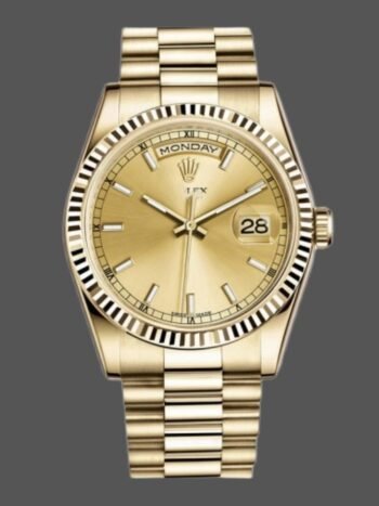 Replica unisex Rolex Day-Date 118238 watch with fluted bezel and 36mm champagne dial