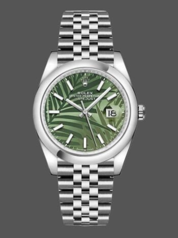 Replica of the unisex Rolex Datejust 126200 watch with olive green dial and 36 mm palm tree motif