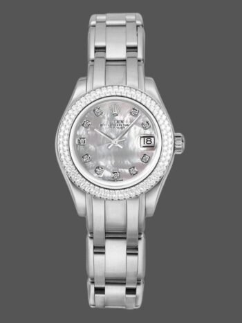 Réplica del reloj Rolex Pearlmaster 81339 para dama, esfera de 34 mm, con diamantes y esfera de nácar blanco