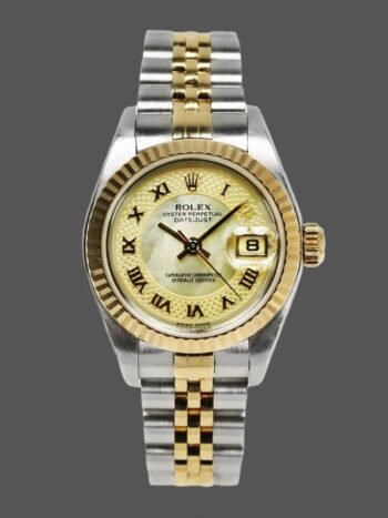 Replica Rolex Datejust 179173 women's watch, champagne dial and decorated mother-of-pearl, 26 mm