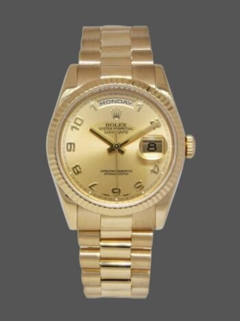 Rolex Day-Date 118238 replica, champagne dial, Arabic numerals, 36 mm, unisex