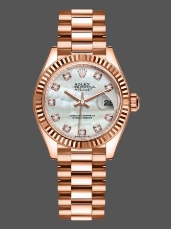 Replica Rolex Datejust 279175 for women, mother-of-pearl dial with diamonds and fluted bezel, 28 mm