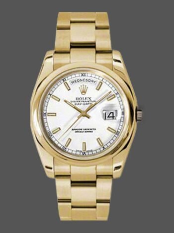 Rolex Day-Date 118208 replica, white dial, yellow gold, 36 mm, unisex