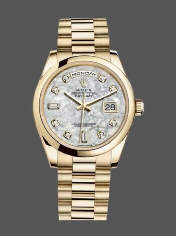 Replica Rolex Day-Date 118208 unisex yellow gold watch with mother-of-pearl dial and 36 mm diamonds