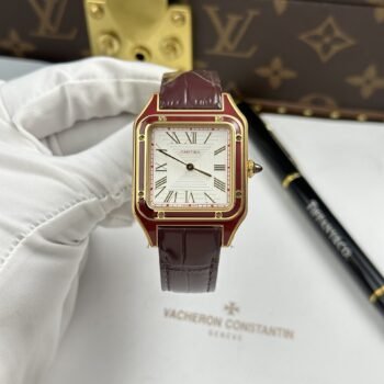 Réplica de reloj Cartier Santos Dumont, esfera blanca, correa de piel color rojo oscuro, 43,5 × 31,4 mm