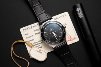 Réplica del reloj Omega Constellation, esfera negra, correa de piel, 42 mm