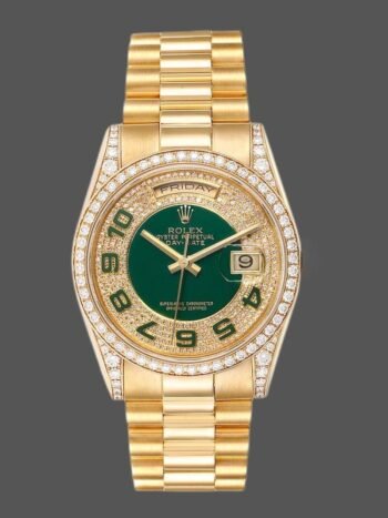 Replica Rolex Day-Date 118388 unisex watch, yellow gold, green enamel, diamond dial, 36 mm