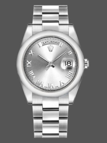 Rolex Day-Date 118209 replica, silver dial with Roman numerals, automatic, 36 mm, unisex