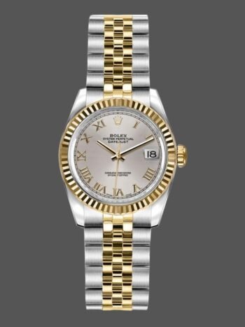 Replica Rolex Datejust 179173 for women, silver dial with Roman numerals, 26 mm