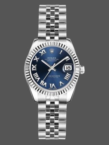 Replica Rolex Datejust 179174 for women, blue dial with Roman numerals, 26 mm